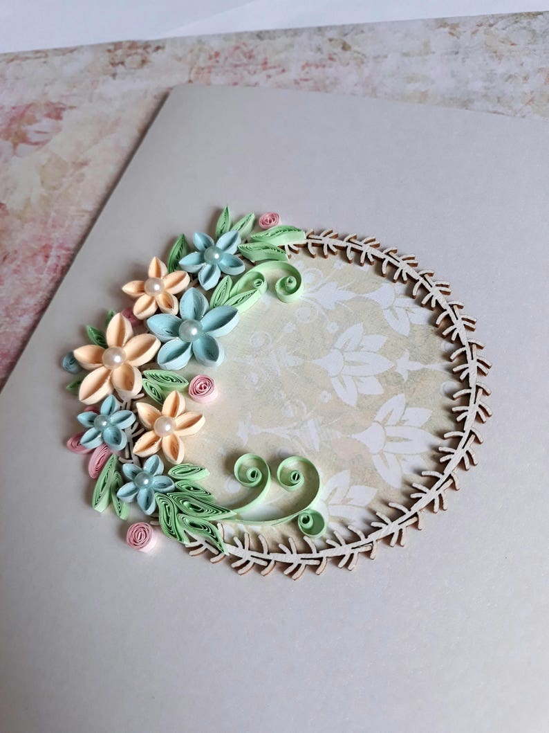 quilling wedding card with blue and beige flowers birthday