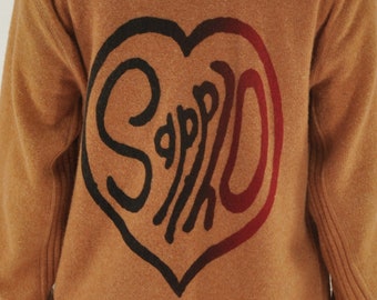 One of a Kind Hand Printed Sappho Sweater with Hand Painted and Hand Sewn Patch Unisex Size Large