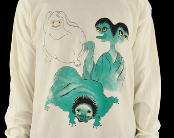 Dreifach Yokai Japanische Dämonen Langarm T-Shirt UNGEBLEACHED NATURAL