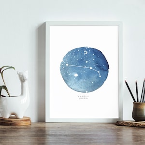 Downloadable Print - ARIES - Zodiac Horoscope Constellation in Blue Watercolor