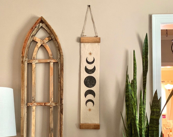 Black Moon Phase Canvas Banner with Gold Starburst Lunar Wall Hanging