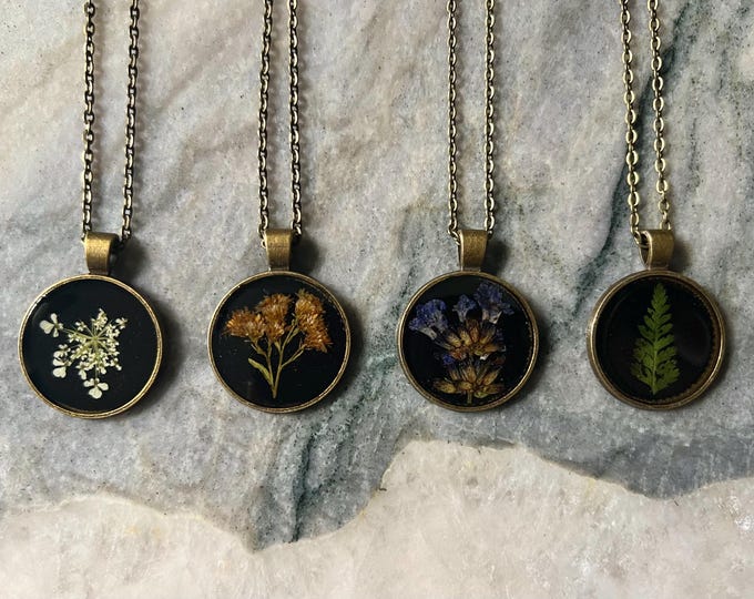 Real Pressed Flower Necklace with 20” Bronze Chain and Black Setting