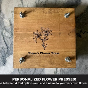 Custom Personalized Flower Plant Press Kit, Rustic Botanical Solid Wood Press with Lily Stamp