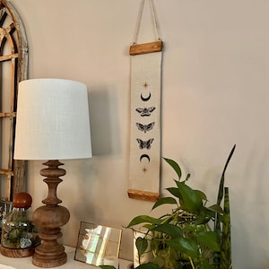 Luna Moth Black Moon Phase Banner with Gold Starburst Canvas Lunar Moon Phase Wall Hanging