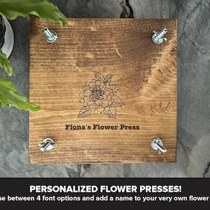 Custom Personalized Flower Plant Press Kit, Rustic Botanical Solid Wood Press with Dahlia Stamp
