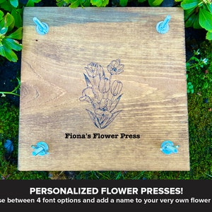 Custom Personalized Flower Plant Press Kit, Rustic Botanical Solid Wood Press with Tulip Stamp