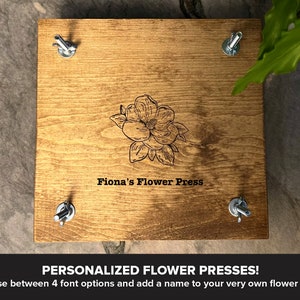 Custom Personalized Flower Plant Press Kit, Rustic Botanical Solid Wood Press with Magnolia Stamp