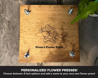 Custom Personalized Flower Plant Press Kit, Rustic Botanical Solid Wood Press with Magnolia Stamp