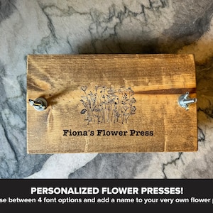 Custom Personalized Small Flower Plant Press Kit, Rustic Botanical Solid Wood Press with Wildflower Stems Stamp