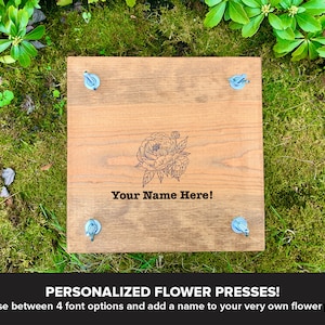 Custom Personalized Flower Plant Press Kit, Rustic Botanical Solid Wood Press with Peony Stamp