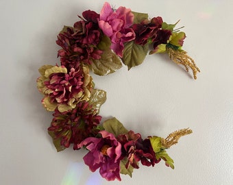 Crescent Moon Floral Wreath, Pink & Red Faux Flowers, 13”
