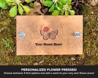 Custom Personalized Small Flower Plant Press Kit, Rustic Botanical Solid Wood Press with Butterfly Stamp