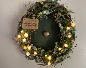 Hobbit Door Wreath with Light Up Mushrooms Fairy Door with Green Door and door knob with no admittance except on party business sign