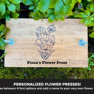 Custom Personalized Small Flower Plant Press Kit, Rustic Botanical Solid Wood Press with Tulip Stamp image 1