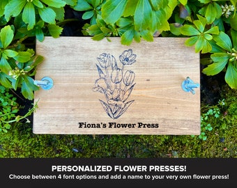 Custom Personalized Small Flower Plant Press Kit, Rustic Botanical Solid Wood Press with Tulip Stamp