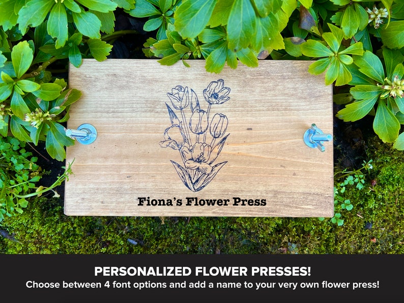 Custom Personalized Small Flower Plant Press Kit, Rustic Botanical Solid Wood Press with Tulip Stamp image 1