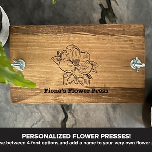 Custom Personalized Small Flower Plant Press Kit, Rustic Botanical Solid Wood Press with Magnolia Stamp