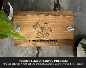 Custom Personalized Small Flower Plant Press Kit, Rustic Botanical Solid Wood Press with Magnolia Stamp