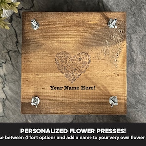 Flower Heart Custom Personalized Flower Plant Press Kit, Rustic Botanical Solid Wood Press with Floral Heart Stamp
