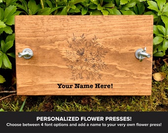 Custom Personalized Small Flower Plant Press Kit, Rustic Botanical Solid Wood Press with Wildflower Stamp