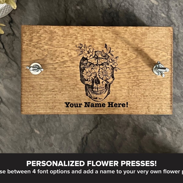 Flower Crown Skull Custom Personalized Small Flower Plant Press Kit, Rustic Botanical Solid Wood Press with Floral Skull Stamp