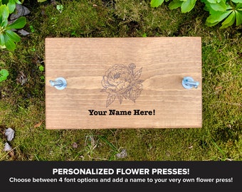 Custom Personalized Small Flower Plant Press Kit, Rustic Botanical Solid Wood Press with Peony Stamp
