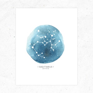 Downloadable Print - SAGITTARIUS - Zodiac Horoscope Constellation in Blue Watercolor