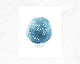 Downloadable Print - SAGITTARIUS - Zodiac Horoscope Constellation in Blue Watercolor