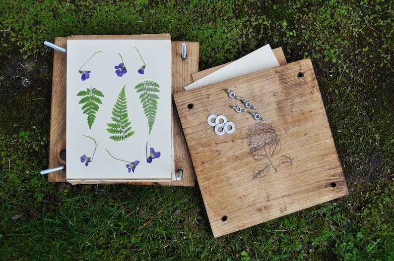 Flower Plant Press Kit, Rustic Botanical Solid Wood Press with Hydrangea Stamp image 1