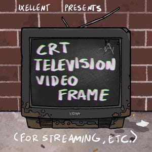 Könnte beinhalten: Eine Cartoon-Illustration eines alten CRT-Fernsehers. Der Bildschirm zeigt die weißen Worte "CRT TELEVISION VIDEO FRAME". Der Fernseher ist schwarz mit braunen Akzenten, vor einer Backsteinmauer. Der Text "IXELLENT PRESENTS" steht oben.