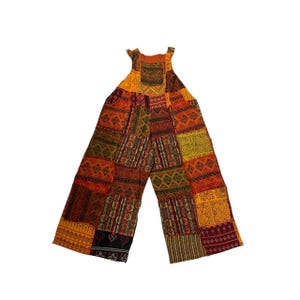 Kombinezony z szerokimi nogawkami w patchworku, bawełniane kombinezony hippie, sweter festiwalowy, kombinezon unisex w stylu boho, luźne haremki w stylu boho