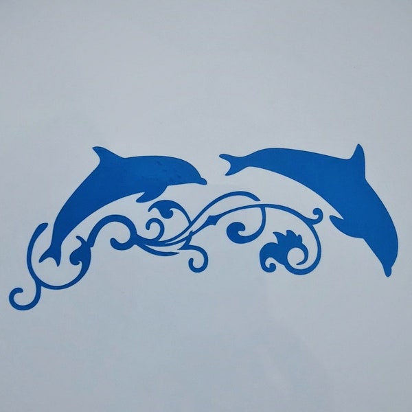 Frolicking Dolphins in Flourish Waves Vinyl Decal For Laptops, Cups, Water Bottles, Ceramics, Metal, Cars, Etc.