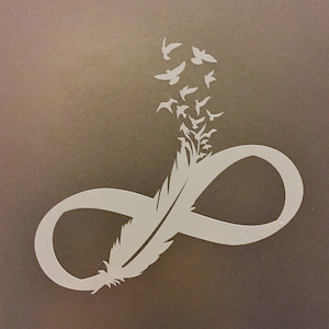 May include: A white infinity symbol with a feather design and a flock of birds flying upwards. The background is a light brown color.