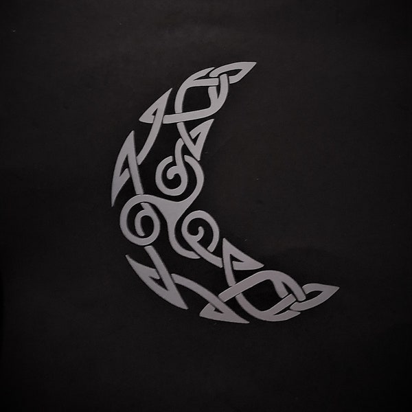 Celtic Crescent Moon w/Triskelion (courtesy of TattooTribes.com) Vinyl Decal For Laptops, Cars, Cups, Water Bottles, Ceramics, Metal, Etc.