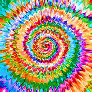 Puede incluir: Un patr&oacute;n de tie-dye colorido en tonos de azul, verde, naranja, rojo, rosa y amarillo. El patr&oacute;n es un dise&ntilde;o en espiral con un centro blanco.