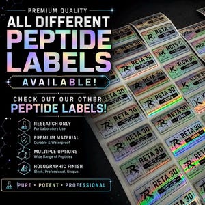May include: A collection of rectangular adhesive labels with a holographic finish, featuring various text including RETA 30, MOTS-C, KLOW 80, and SELANK. The labels are arranged in rows on a sheet, displaying chemical names, dosages, and the phrase RESEARCH ONLY.