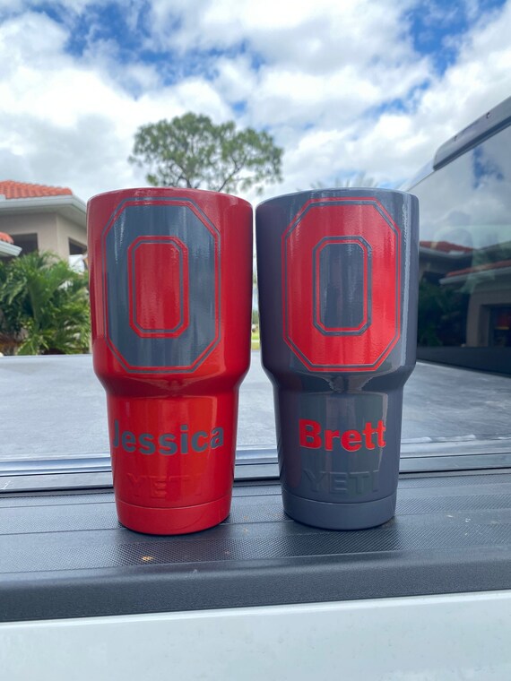 Powder coated and etched Ohio State Yeti Rambler.