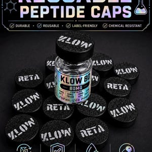 May include: A clear glass vial labeled KLOW 80 80MG containing lyophilized powder, surrounded by multiple black circular caps with the text KLOW or RETA printed in white. The image includes text: CHECK OUT OUR REUSABLE PEPTIDE CAPS.