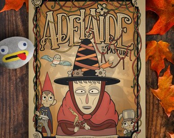 May include: A rectangular poster titled Adelaide of the Pasture featuring a central figure in a tall pointed hat holding scissors, flanked by two smaller characters, a bird, and a decorative border of tangled vines on a tan background.