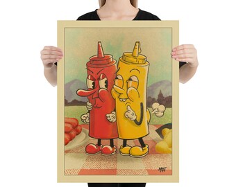 May include: A rectangular art print featuring a cartoon illustration of a red ketchup bottle and a yellow mustard bottle standing side-by-side on a red and white checkered tablecloth. The ketchup bottle looks annoyed while the mustard bottle smiles.