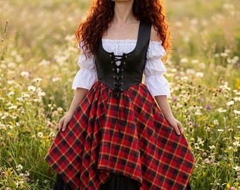 Women's Renaissance LARP Scottish Celtic Garment - 4-Piece Layered Red Tartan Dress