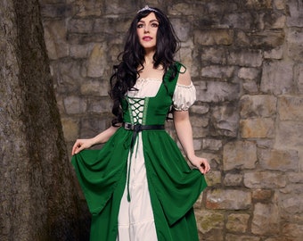 Reminisce Layered Renaissance Faire 2 Piece Dress Medieval Costume Corset OverDress With 4 Point Skirt & Boho Chemise Set