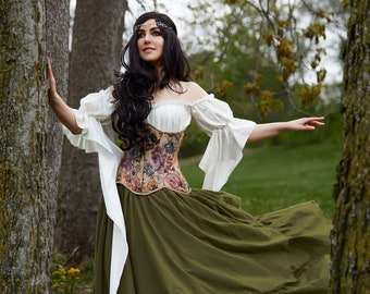 Reminisce - The Forest Fairy - Women’s Renaissance Costume - Ren Faire - Medieval Fantasy - 3 Piece Dress Plus Corset Olive