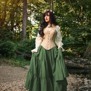 Women’s Renaissance Fair Stays Corset Costume - 100% Cotton - Medieval Fantasy Cosplay - Corset  - The Diana - Sage Skirt - Reminisce Brand