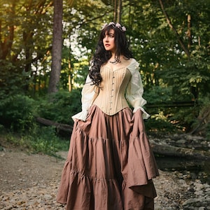 Women Renaissance Fair Stays Corset Costume - 100% Cotton - Medieval Fantasy Cosplay - 2Pc Skirt  Truffle  & Corset - The Diana - Reminisce
