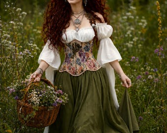 Renaissance Tapestry Corset Olive Dress - Flowing Puff Sleeves off-shoulder Chemise Costume