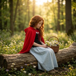 May include: A young person with long red hair wearing a red hooded cape, black bodice, and light blue skirt sits on a log in a forest. A woven basket filled with white and purple flowers rests beside them.