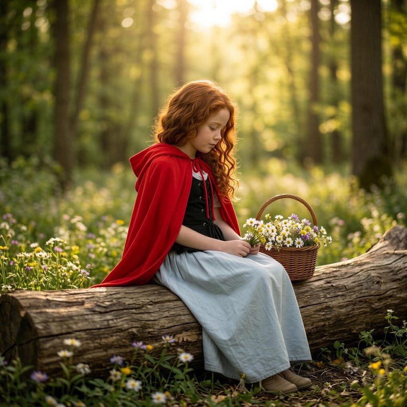 May include: A young person with long red hair wearing a red hooded cape, black bodice, and light blue skirt sits on a log in a forest. A woven basket filled with white and purple flowers rests beside them.
