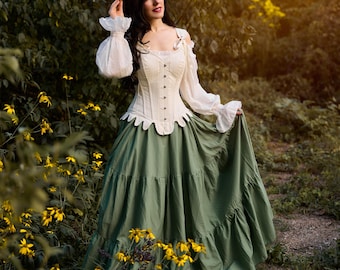 Cottage Core Sage Dress & Corset - Renaissance Fair Cotton Costume - Whimsical Slow Living Style