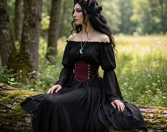 Renaissance Fair Sorceress Costume - Conjurer Smocked Chemise Dress & Cincher Top